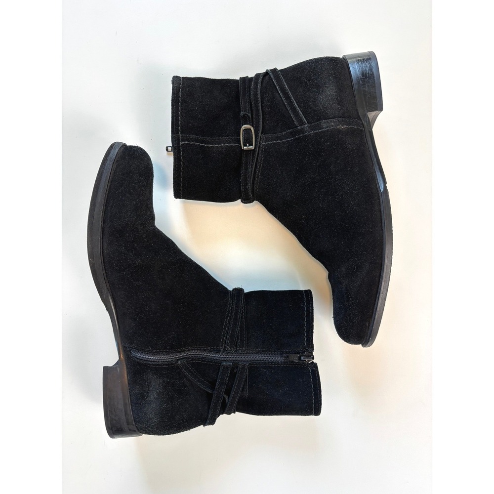 La Canadienne Ankle Boots Black Womens 7.5 M Suede Side Zip Buckle Equestrian